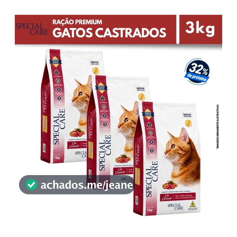 3x Ração Premium Gato Castrado Special Care Cat 1kg Atum e Salmão 32% Proteína Controle de Peso