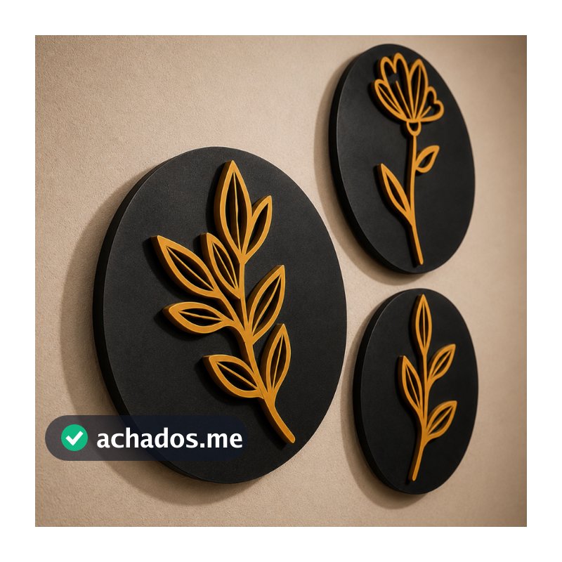 Trio Quadros Redondos Decorativos Moderno Decoração Mdf Flor Folhagem