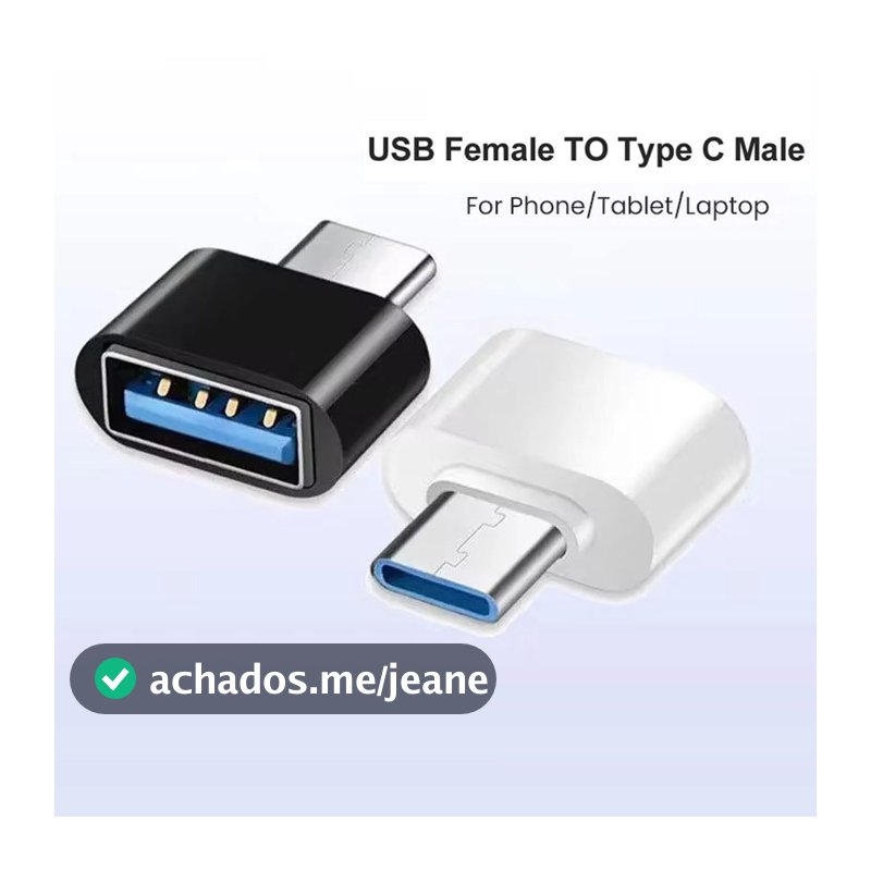 Adaptador USB tipo C para transferência de dados entre computadores, telefones, mouses, teclados e dispositivos.