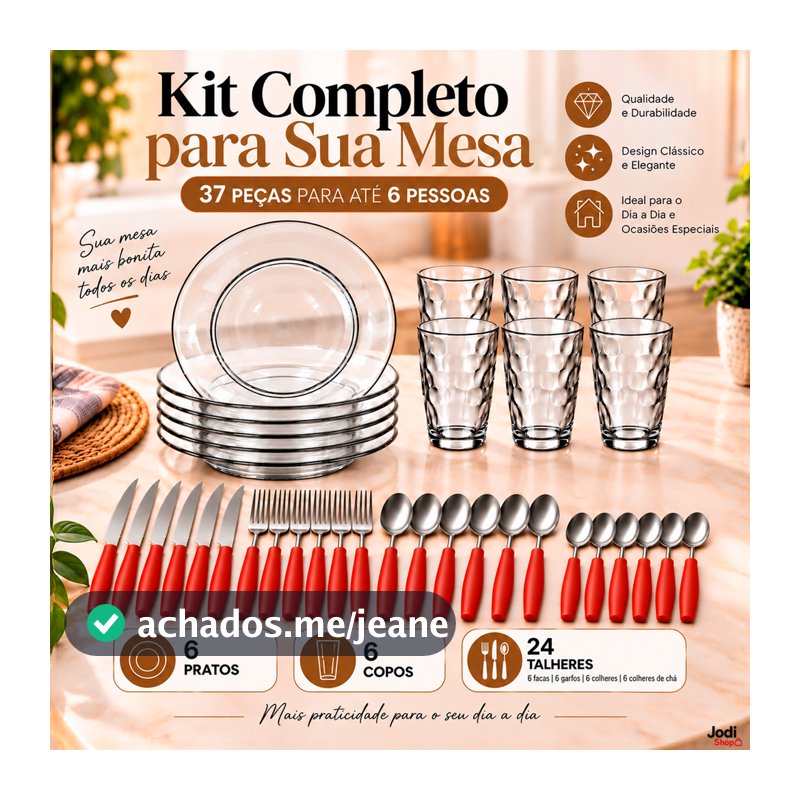 Kit de Jantar 37 Peças com 6 Pratos, 6 Copos, 24 Talheres e Porta-Talheres