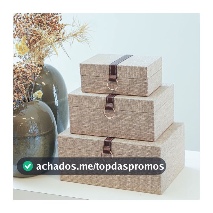 Jogo 3 Caixas Decorativas Tecido Linho Marrom Detalhe Couro e Argola Luxo Organizadora Premium