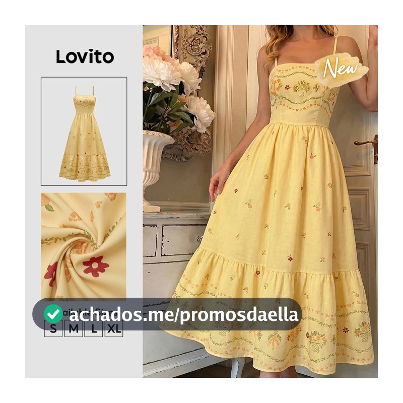 Lovito Vestido Feminino Amarelo Floral Babado na Barra Zíper e Barra Longa Flare Casual Fim de Semana e Traje de Trabalho Primavera Verão DRB39BR007