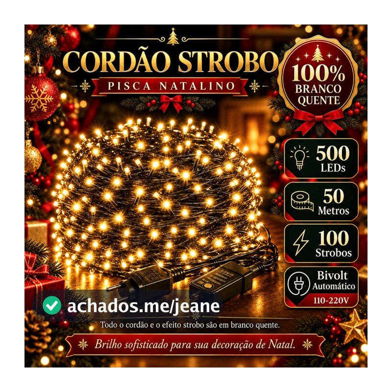 Cordão Strobo Natal 50 Metros Bivolt 500 Leds Pisca Pisca Prova D'Água Luz Led Branco Quente 100 Flash