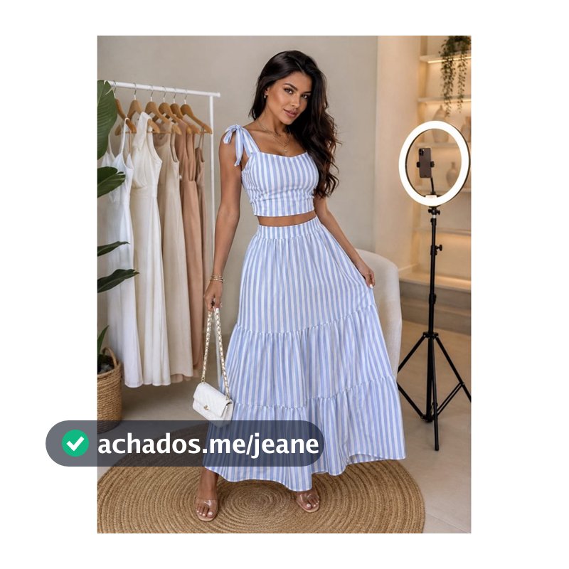 Conjunto Feminino Listrado Cropped com Amarração e Saia Longa Midi Máxi Verão