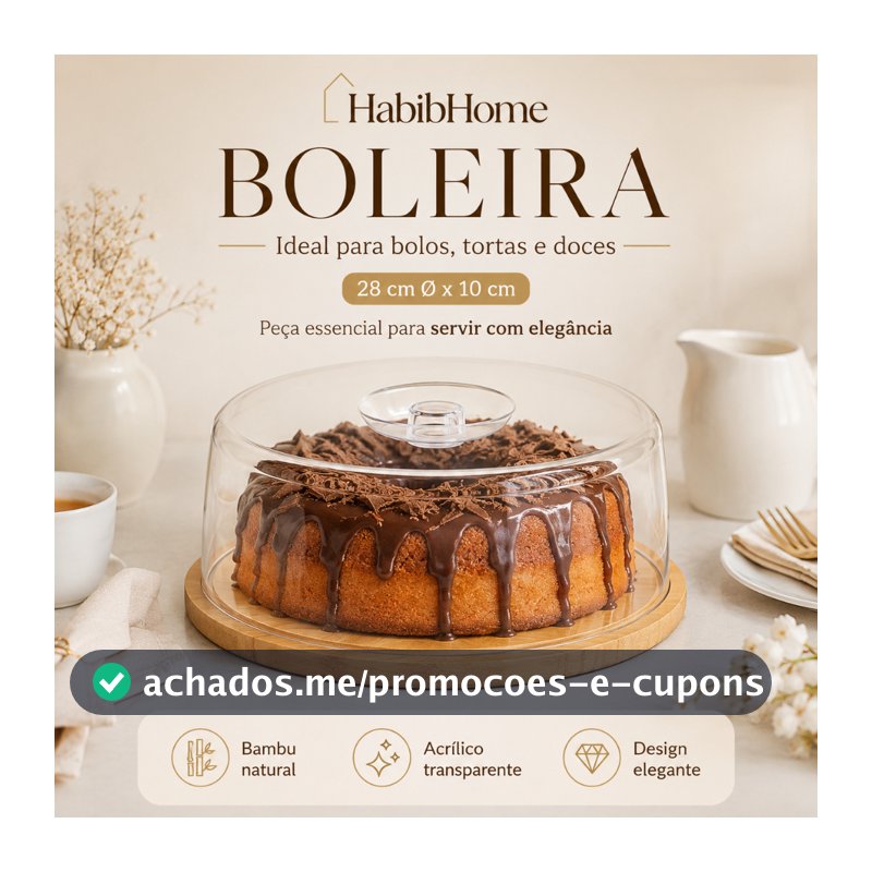 Boleira com Tampa Acrílica e Base de Bambu para Mesa Posta Cozinha Servir Decorar e Organizar
