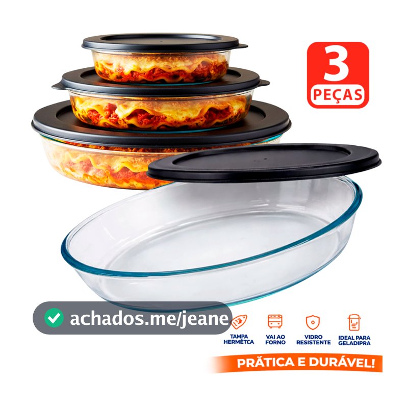Kit 3 Travessas assadeiras Vidro Temperado Oval Com Tampa 3L/2,4L/1,6L Vai ao forno estilo Marinex