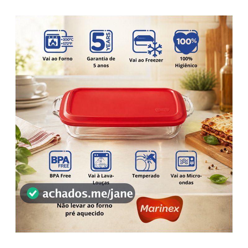 Assadeira de Vidro Marinex 3,5 Litros com alça Tampa para Lasanha Forno Microondas forma retangular lasanheira original