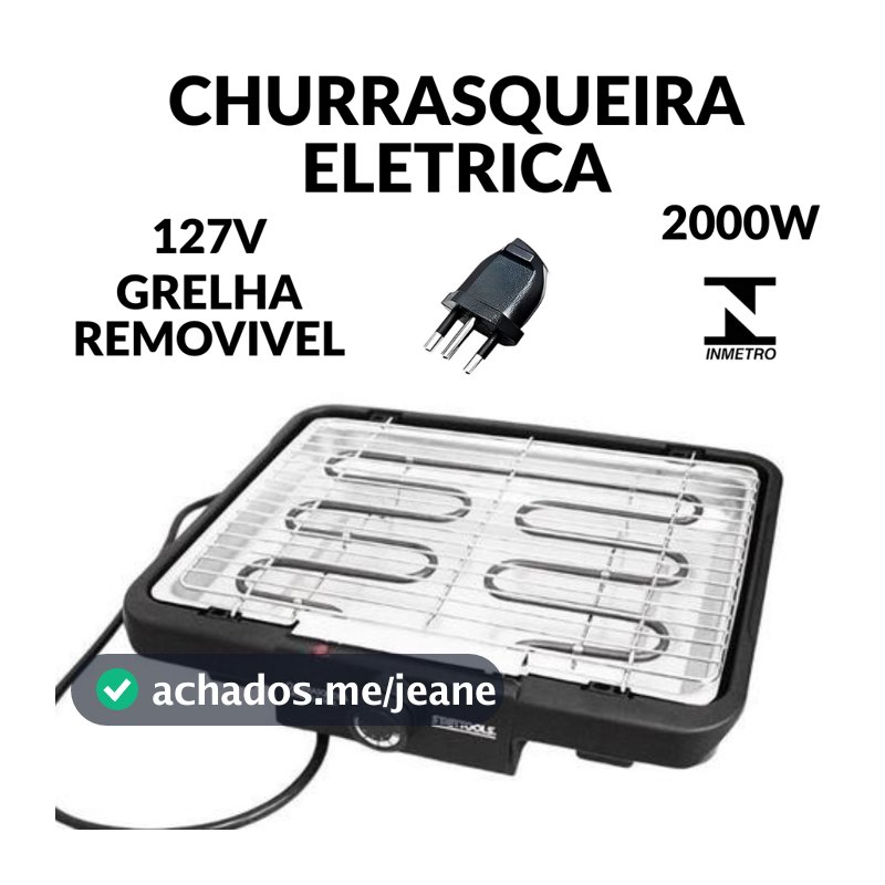 Churrasqueira Eletrica 40,7x34,5cm 127v 220V 2000W Grelha Removive Regulador Temperatura Sem Fumaça