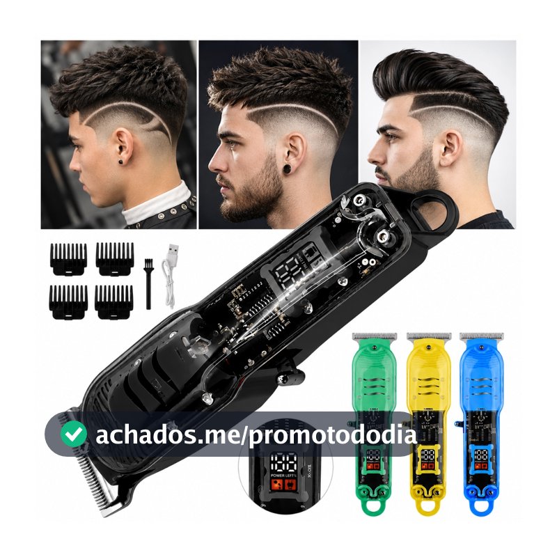 Máquina de Cortar Cabelo Profissional Sem Fio Barbeador Elétrico Smart LCD Transparente Recarregável Masculino