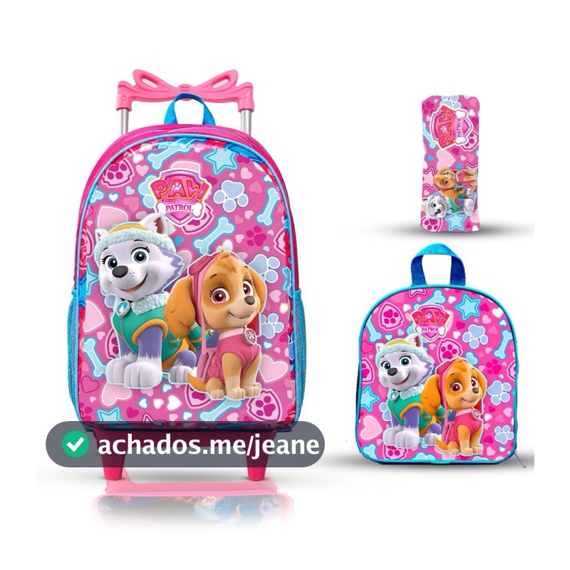 mochila escolar infantil lancheira e estojo skaie patrulha canina menina com rodinhas