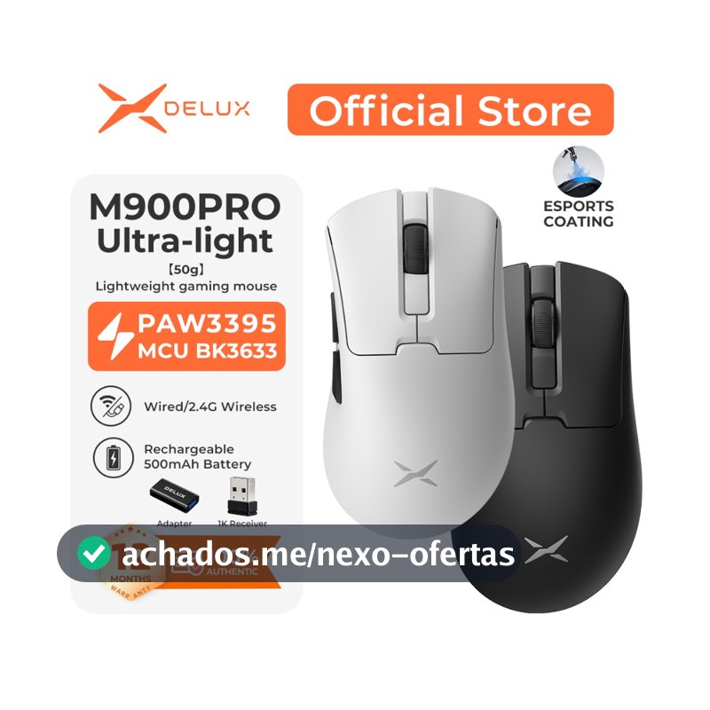 DELUX M900 Pro Ultra-Light 50g Mouse Gamer Sem Fio 8K – PAW3395, BK3633, Ice Coating, 500mAh