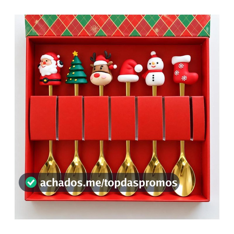 Kit 6 Colheres Natalinas Douradas 16cm com Enfeites de Natal Mesa Posta Sobremesa Café Chá Caixa Presente
