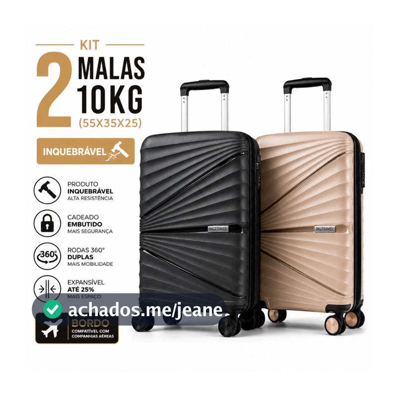 Kit 2 Malas Casal 10Kg Com Extensor Viagem Giratória Anti-Furto Abs Férias