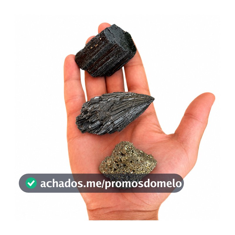 Kit Proteção e Prosperidade Pedras Brutas Turmalina Negra Pirita e Vassoura de Bruxa
