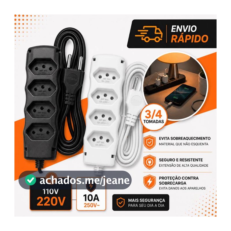 Extensão Elétrica 10A Tripolar Bivolt com Cabo Reforçado Alta Segurança e Resistência 2M 3M 5M 10M