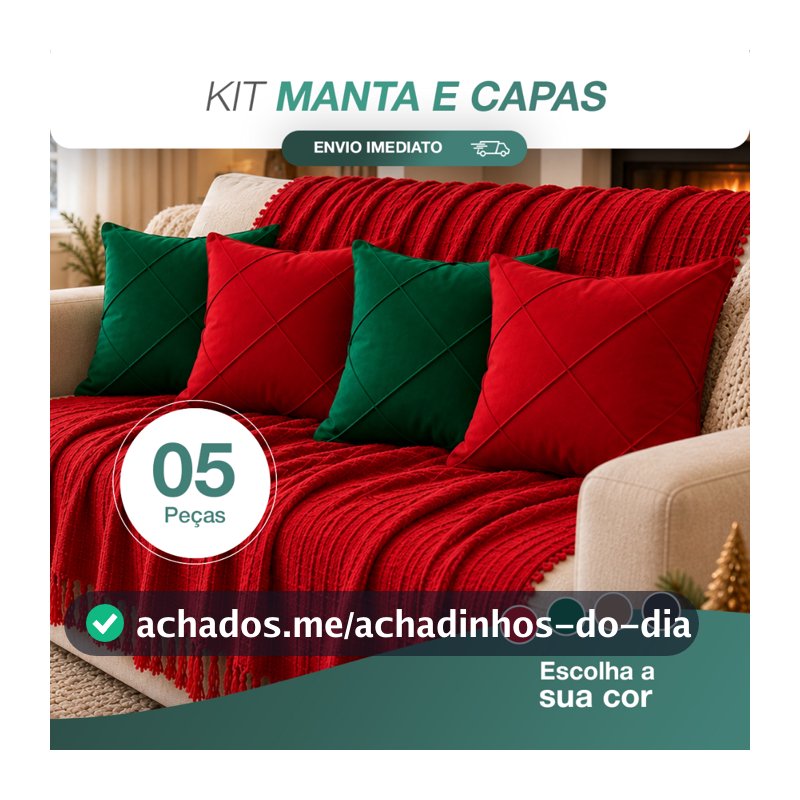 Kit Manta Decorativa P + 04 Capas de Almofada Suede Drapeada Decoração Natalina