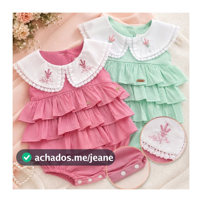 Body infantil para bebe bordado com gola e babados confortavel e charmoso bory para menina