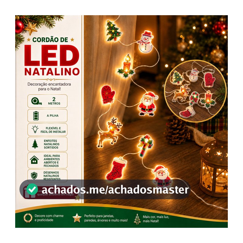 Cordão De Luz De Natal led 2 Metros Desenhos Diversos Luxo Metal com Luzes Natalinas