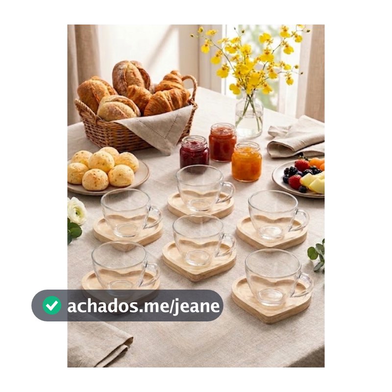 Jogo 6 Xícaras de Café de Vidro 220ml com 6 Pires de Madeira Pinus Coração Kit 12 Peças