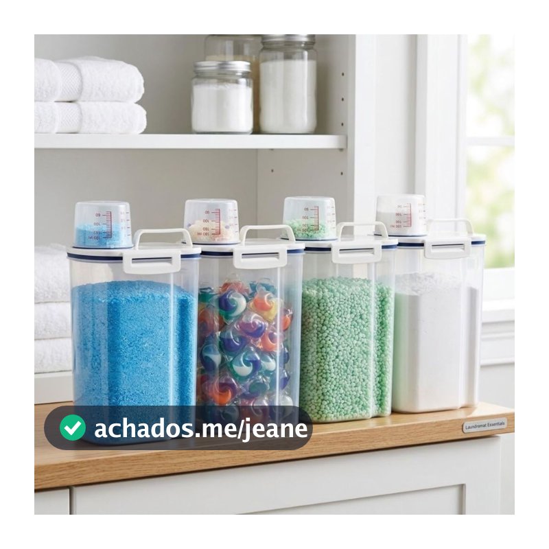 Kit 4 Potes de Lavanderia 2L Dispenser Organizador com Tampa Medidora Lavanderia Sabao em Po Liquido Graos