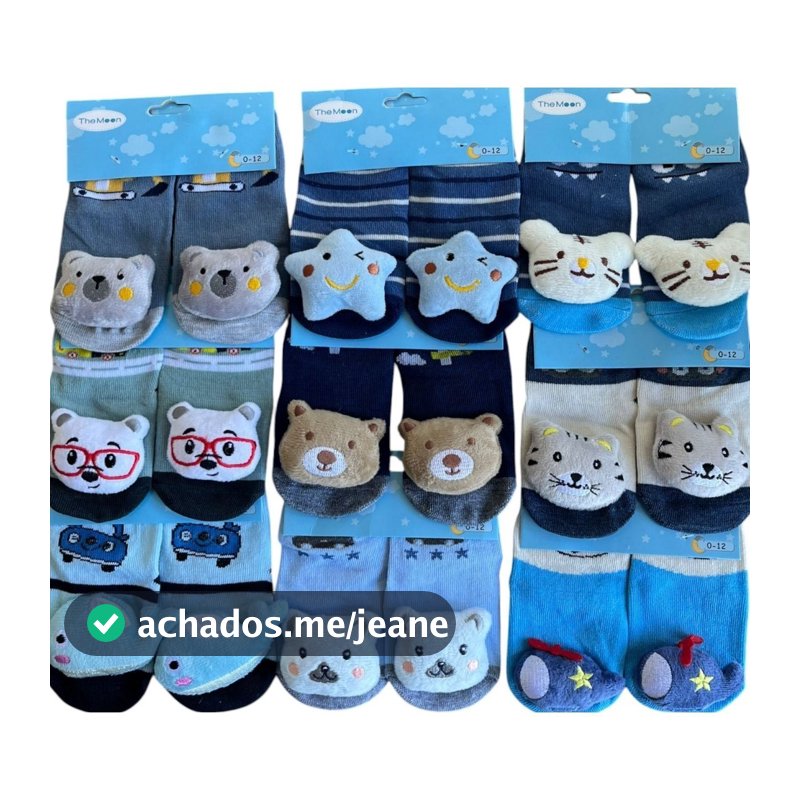 Kit 5 Pares de Meias 3D com Chocalho Bebê Menino Antiderrapante