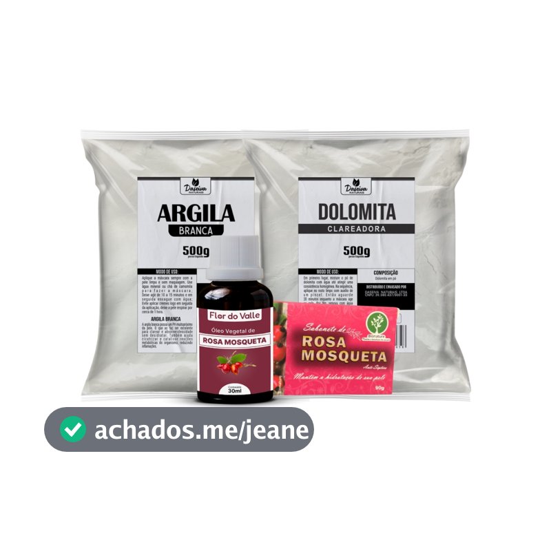 Skincare beleza pele facial Dolomita Clareadora e Argila Branca 500g Sabonete Rosa Mosqueta 90g Óleo Vegetal Mosqueta