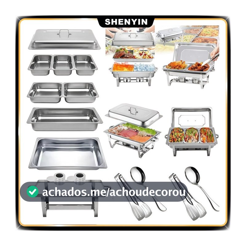 Rechaud Retangular Inox 33L c/ Banho Maria | Kit 6 Peças | Ideal para Grandes Buffets