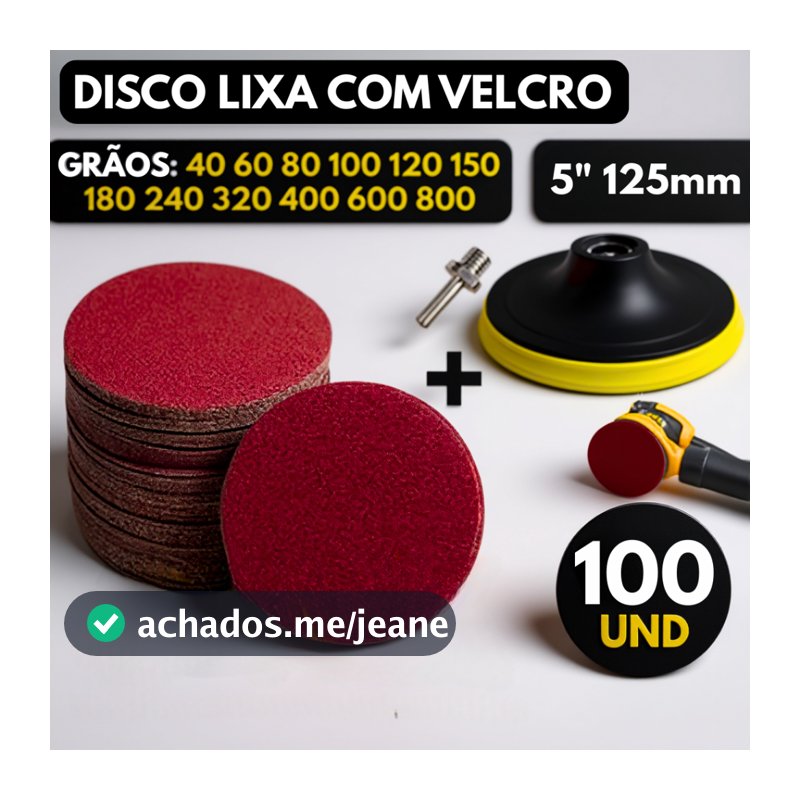 Kit Base Suporte Disco 125mm + 100 Lixas Sem Furos Com Velcro 5" Furadeira Esmerilhadeira
