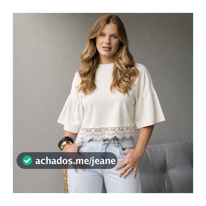 cropped luna oversized com manga de babadinho e renda na barra