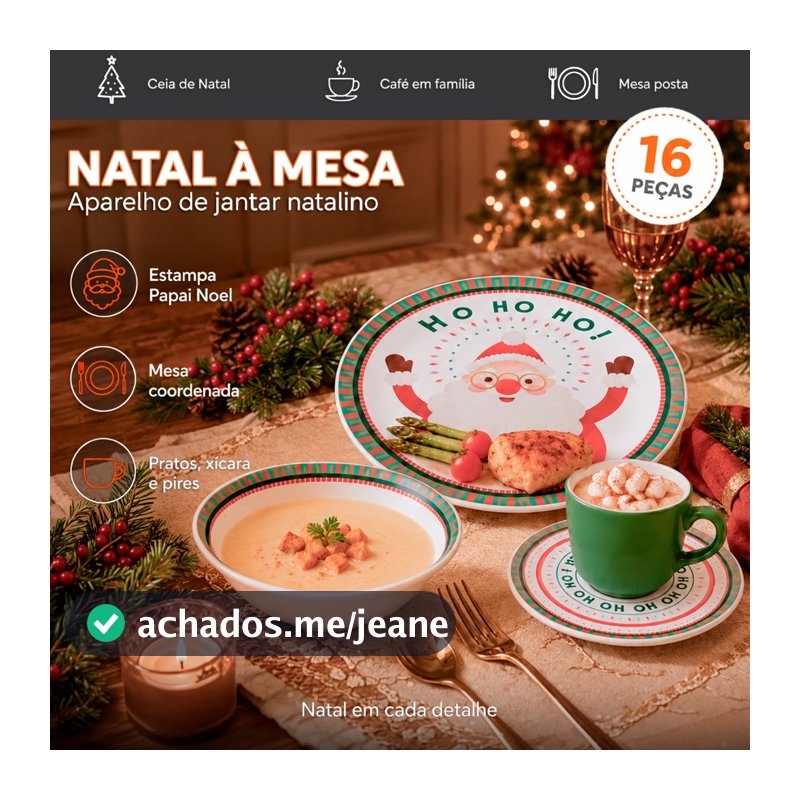 Aparelho de Jantar Natalino 16 Peças Jogo de Pratos Xícaras e Pires Papai Noel