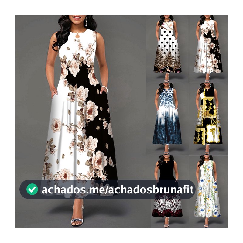 Plus Size Vestido Longo Feminino Sem Mangas Floral Retro Grande Boêmio Bolsos Para Clube/Festa/Social/Casual  P-5XG