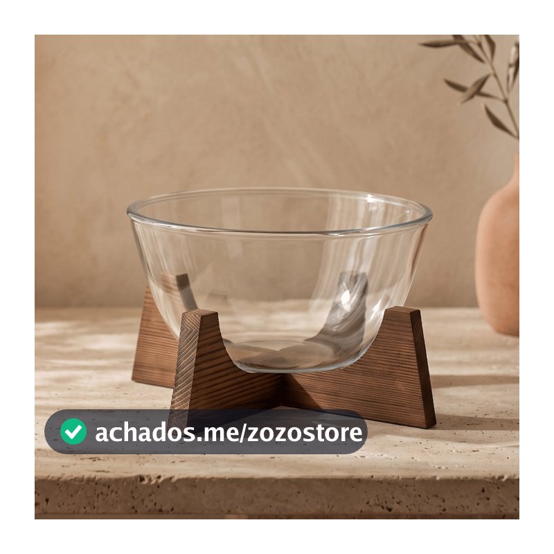 Bowl Saladeira Vidro Borossilicato 2,1L Suporte Madeira Acácia Elevado Servir Frutas Salada Mesa Posta Luxo