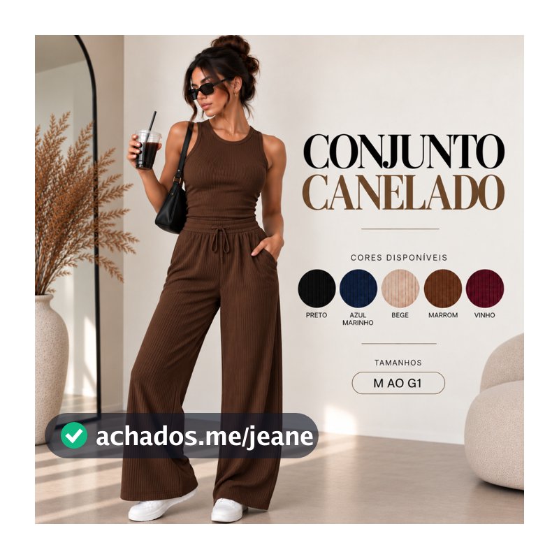 Conjunto Feminino Canelado Regata e Calça Pantalona Wide Leg com Bolso M ao G1