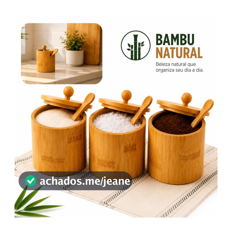 Saleiro Açucareiro Pote Para Café Em Bambu Sustentável Com Colher E Tampa 220ml