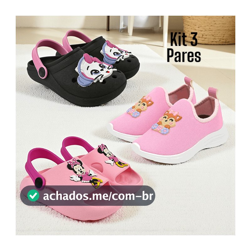 Kit 3 Pares Tênis Infantil Menina Confortável Sandália Macia e Papete Antiderrapante