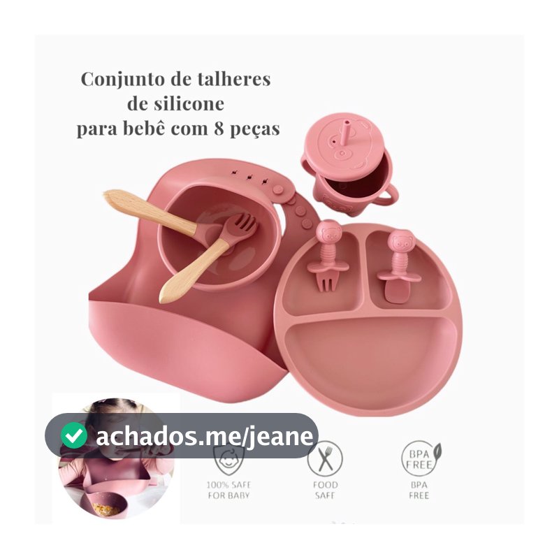 kit 8 Peças Talheres alimentação bebê silicone kit Talheres com Ventosa Canudo Colher Babador Garfo