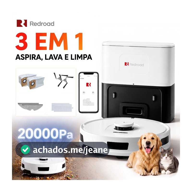 Robô Aspirador Inteligente 20.000Pa Autoesvaziável 3 em 1 Aspira Varre  Controle por App e Voz Para Pets Redroad R11
