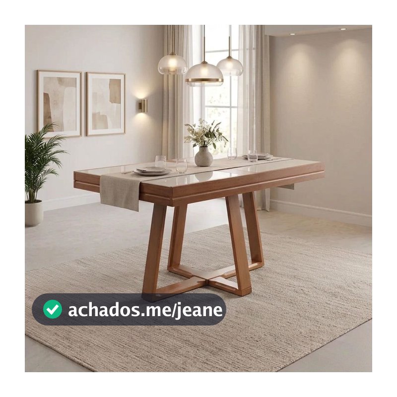 Mesa de Jantar Caroline Extensível Mel Vidro Off 4 a 6 Lugares Pés em Madeira Maciça