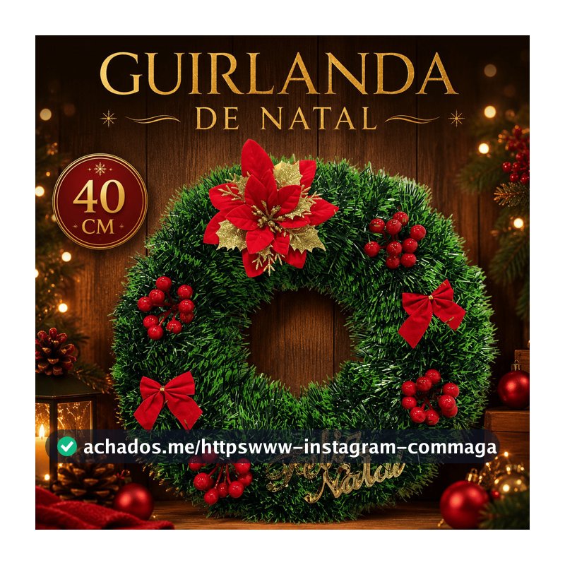 Guirlanda Decorada de Natal Enfeite para Porta 40cm Coroa Natalina Feliz Natal para Porta e Parede