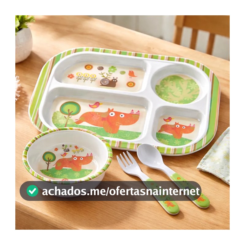 Kit Refeição Infantil Utensílios Prato C/ Divisória Retangular Para Bebê Criança Tigela Talher Bichinhos 4pçs