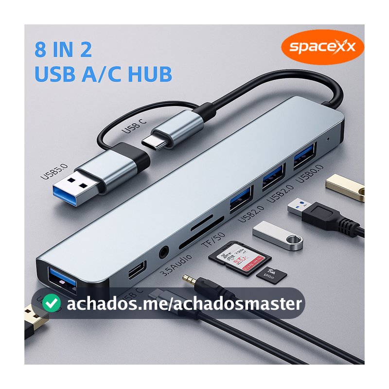 Hub USB Tipo C Extensor 8 em 1 com Adaptador USB Multiportas 3.0 2.0 SD TF-Spacexx