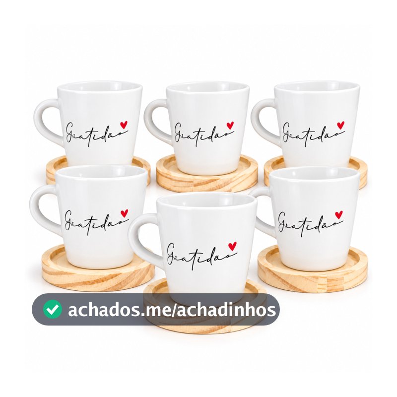 Kit 6 Xicaras / Canecas Porcelana Branco 120ml C/ Pires De Madeira Redondo Gratidão Spot