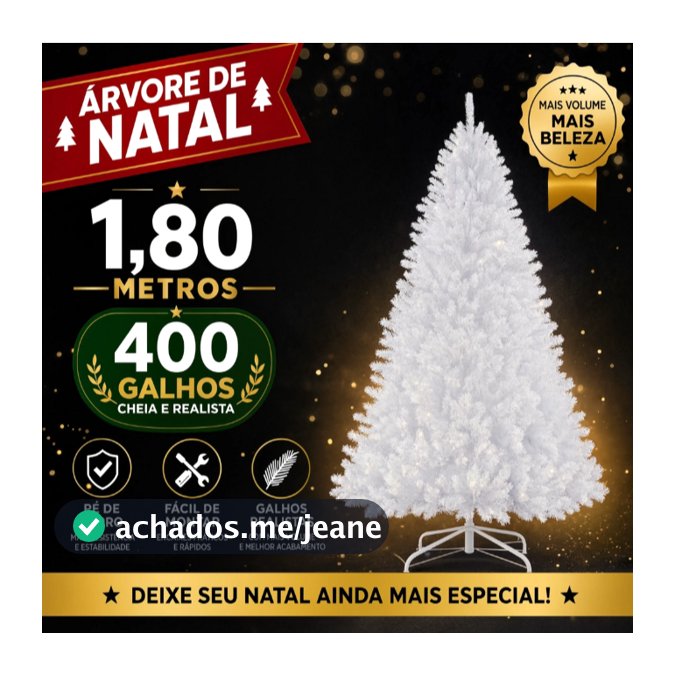 ARVORE DE NATAL LUXO  BRANCA 1,80 mt – PINHEIRO PREMIUM - 400 GALHOS CHEIOS E REALISTA – ANTICHAMAS