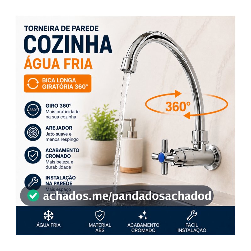 Torneira para Cozinha de Parede Prata com Bica Curva Monocomando Água Fria
