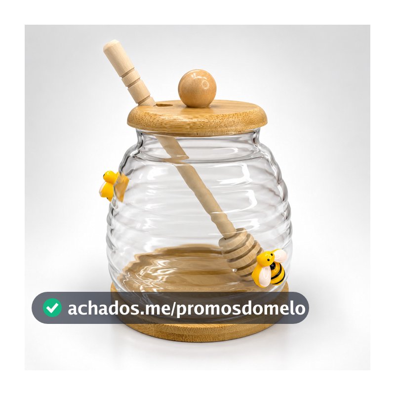 Meleira de Vidro Abelhinha 380ml Tampa Bambu e Pegador para Mel Mesa Posta