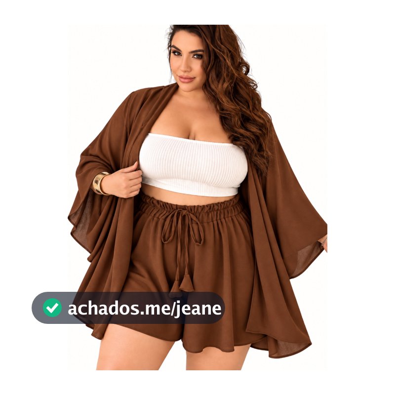 Conjunto Plus Size Feminino Kimono e Shorts Soltinho Cintura Alta Elegante Verão