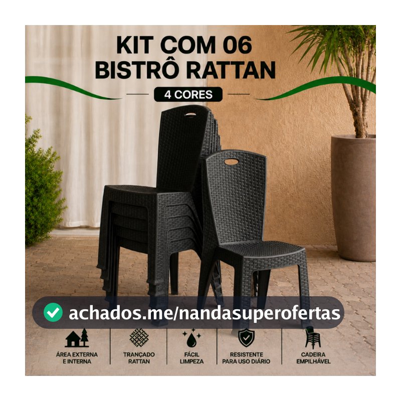 Kit 6 Bistrô Cadeira Rattan Reforçada Empilhável Escritório Varanda Piscina Sala Cozinha Área Lazer