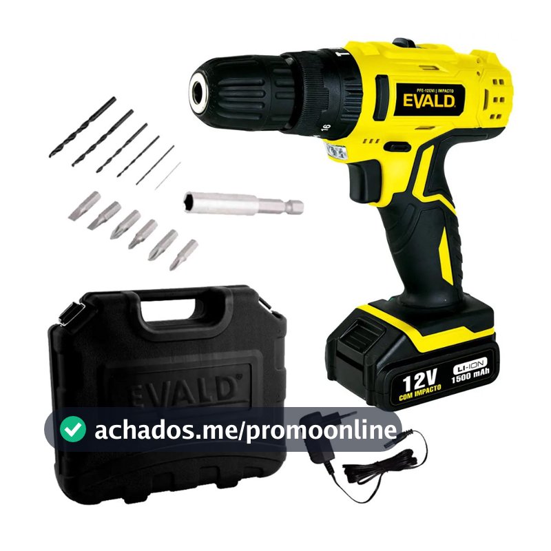 Parafusadeira Furadeira Bateria 12V com Impacto Bivolt PFE-012EVI Maleta e Kit EVALD