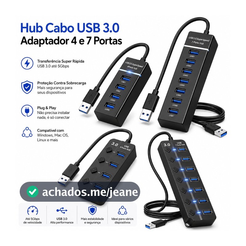 Hub Cabo USB 3.0 Adaptador 4 e 7 Portas Alta Velocidade Notebook PC Teclado 5Gbps Speed Pen Drive