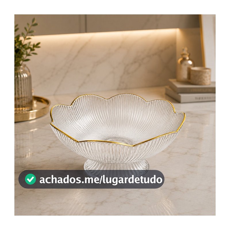 Fruteira Centro De Mesa Transparente Com Borda Dourada Luxo